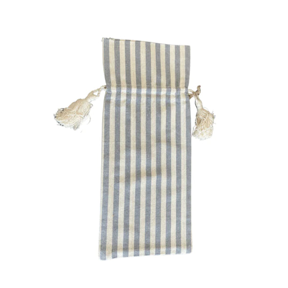 Grey Stripe Cotton Wine Bag with Tassels 14"x6"