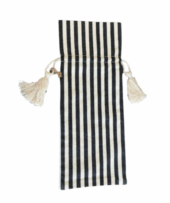 Black Stripe Cotton Wine Bag with Tassels 14"x6"