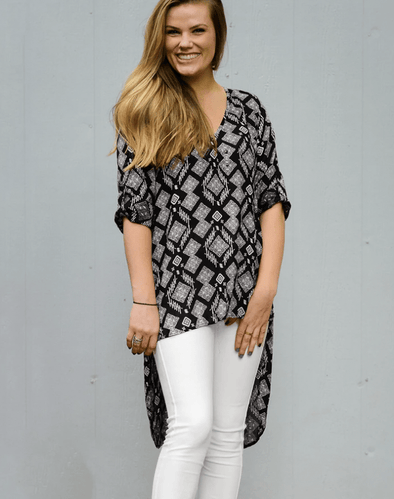 Apparel Batik Print High Low Button Down