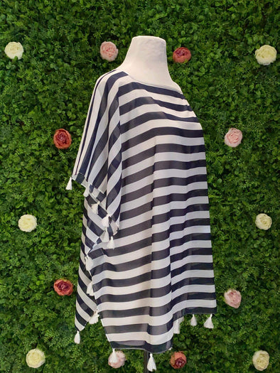 Apparel Sheer Stripe Coverup with Tassels - Navy