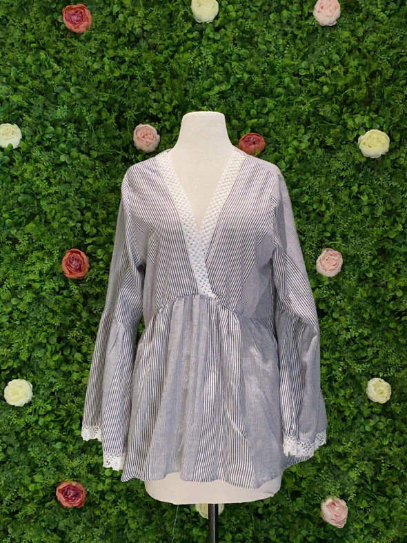 Apparel Striped Bell Sleeve w/ Crochet Trim