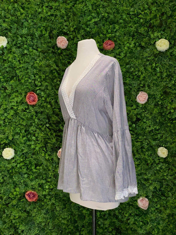 Apparel Striped Bell Sleeve w/ Crochet Trim